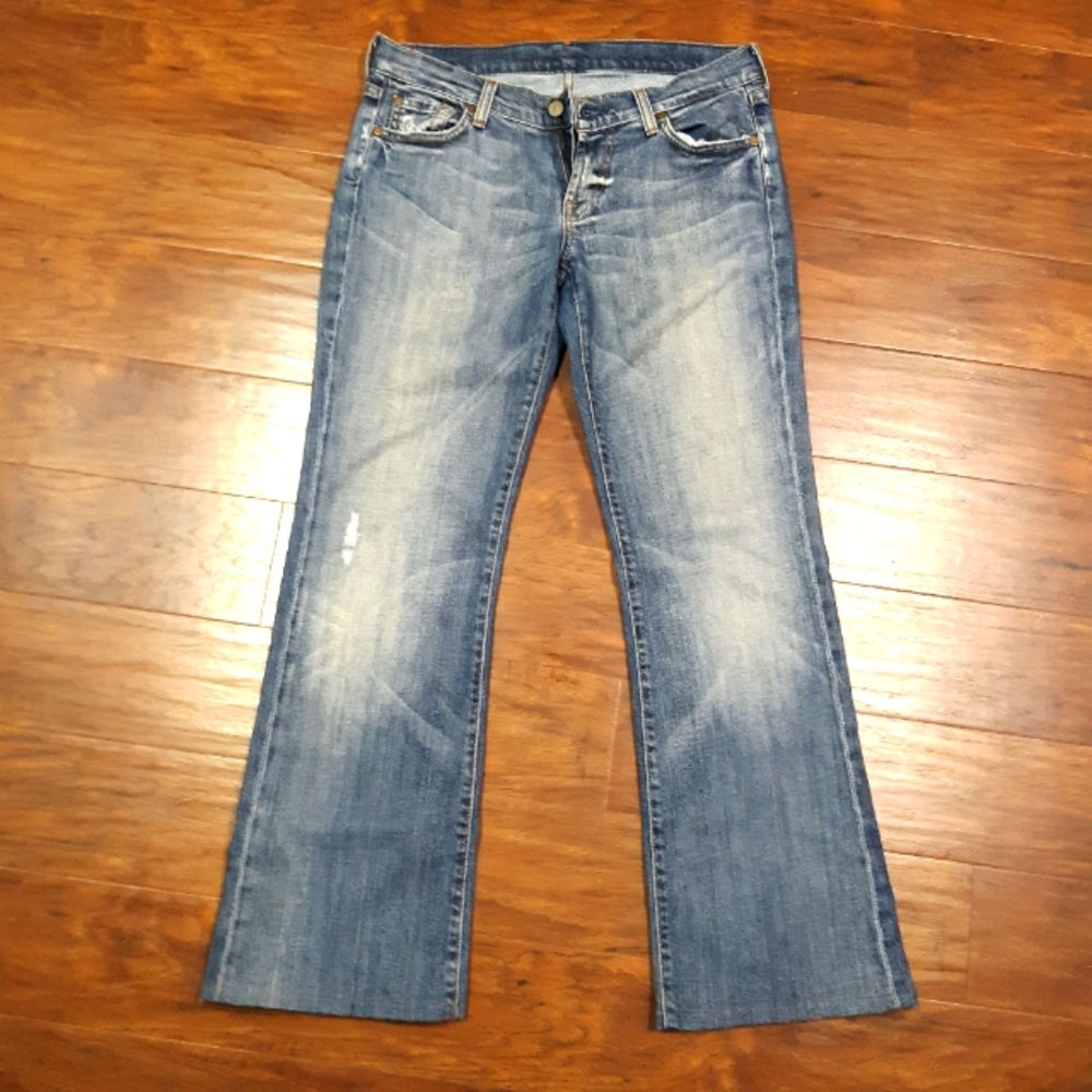7FAM distressed Boot cut blue jeans